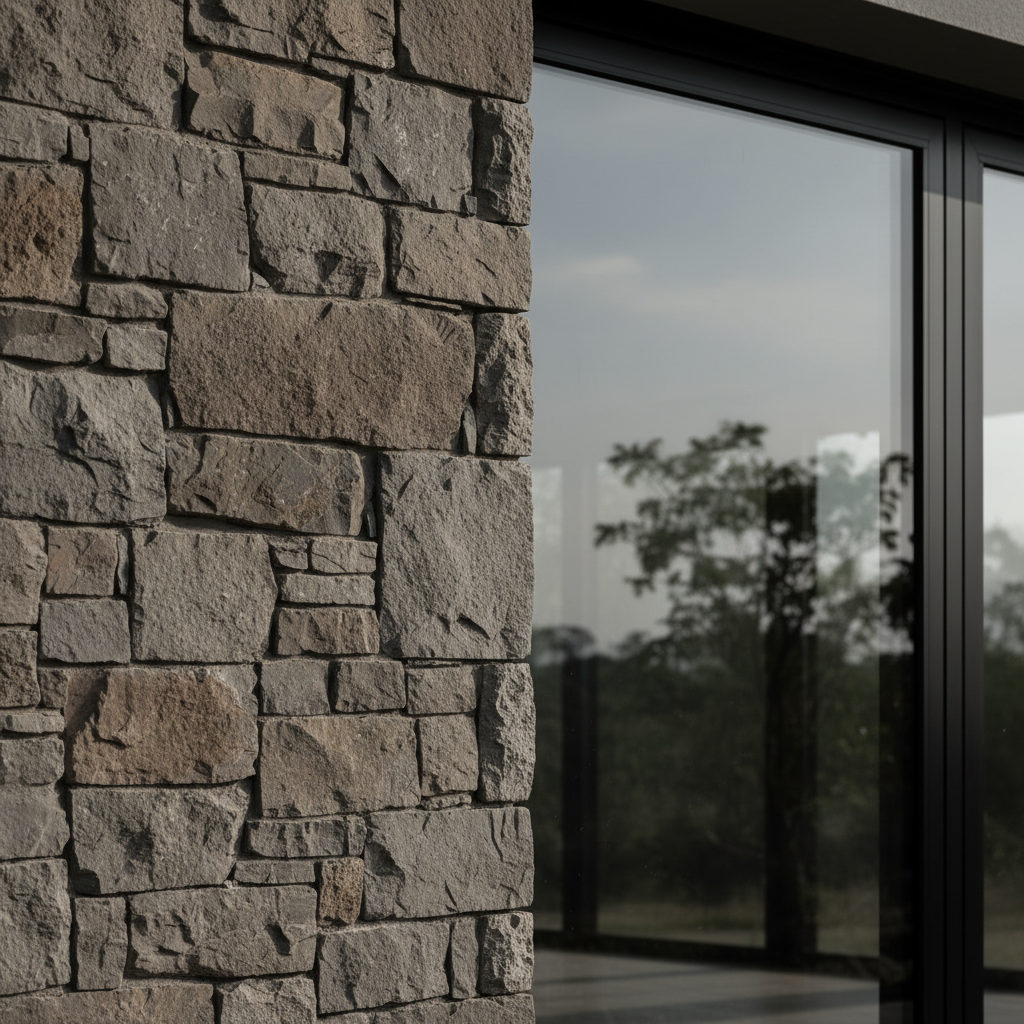 Karen Residence — Mazeras stone wall meeting a steel and glass corner window, showing the material craft of a completed residential project in Karen, Nairobi
