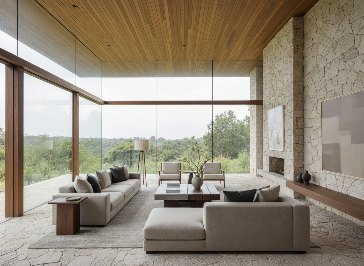 Karen Residence living room — double-height volume with floor-to-ceiling glass walls framing garden views, stone fireplace, and timber ceiling