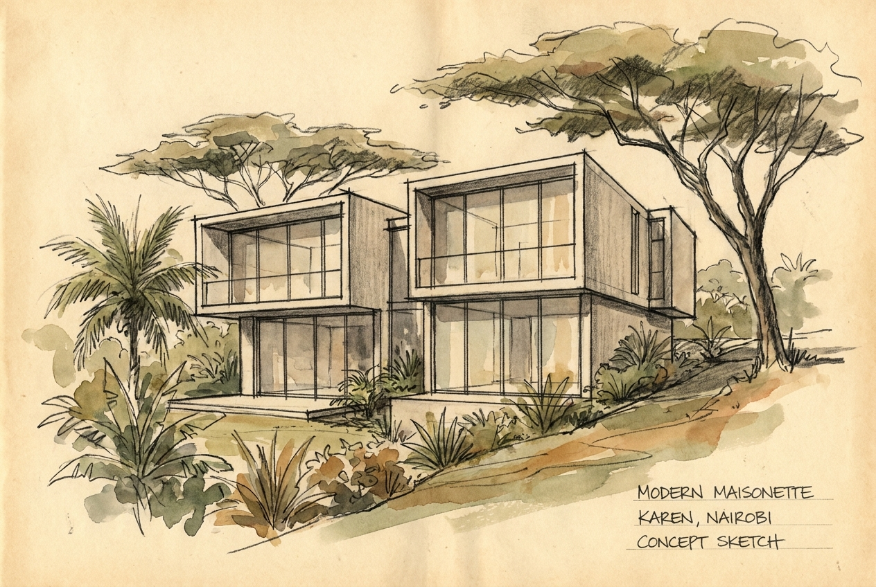 Hand-drawn concept sketch of the Karen Residence — a modern 4-bedroom maisonette in Karen, Nairobi, showing Mazeras stone walls framing garden apertures while screening the adjacent road