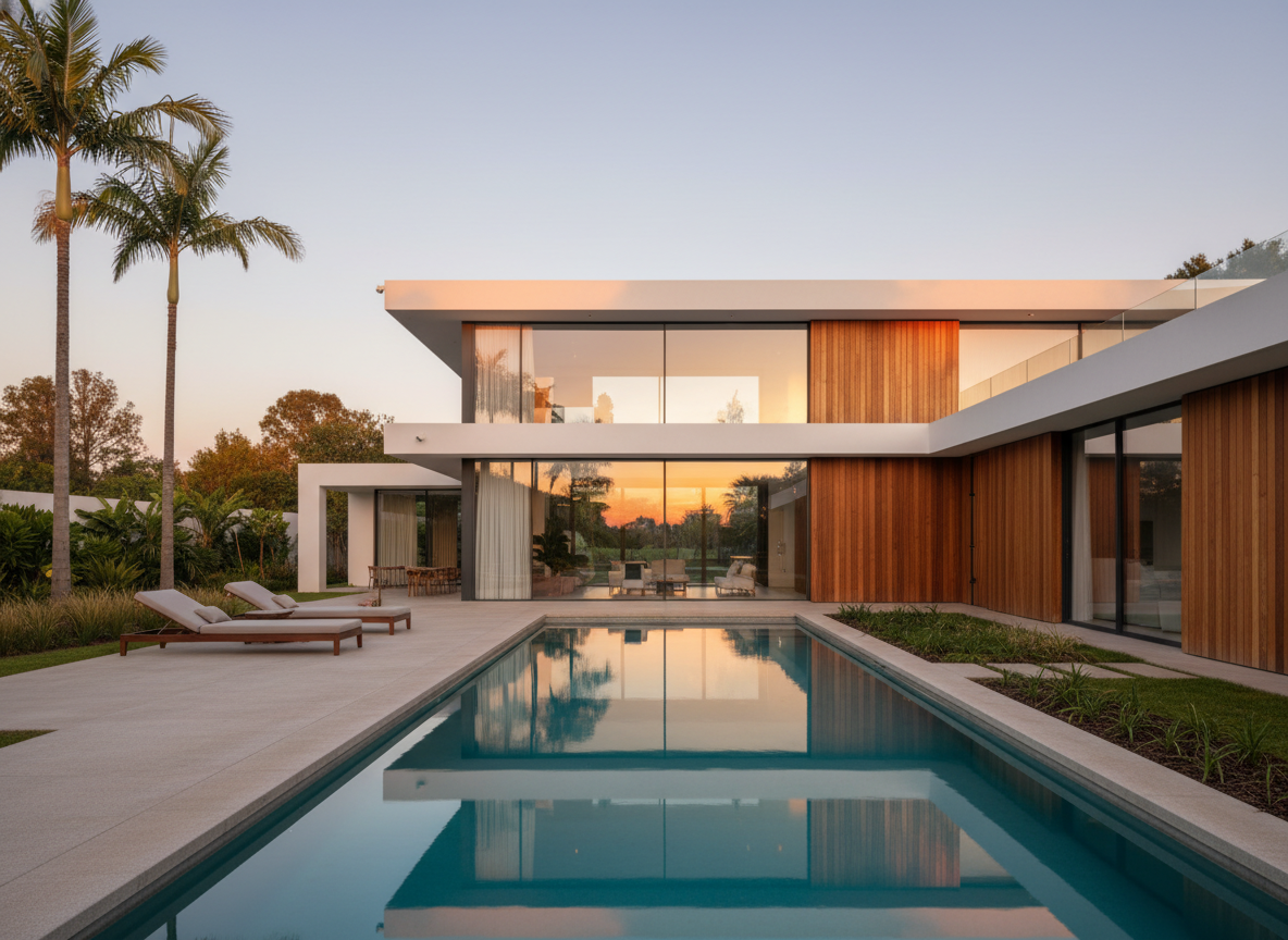 Runda Villa — two linear pavilions on a sloped site in Runda, Nairobi, with a pool terrace and tropical landscaping
