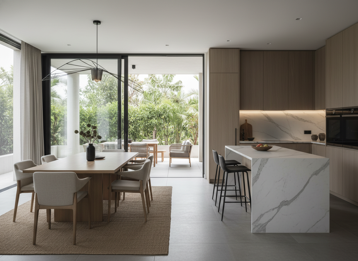 Runda Villa dining and kitchen area — marble island, warm timber cabinetry, and floor-to-ceiling glass looking out to the private courtyard garden