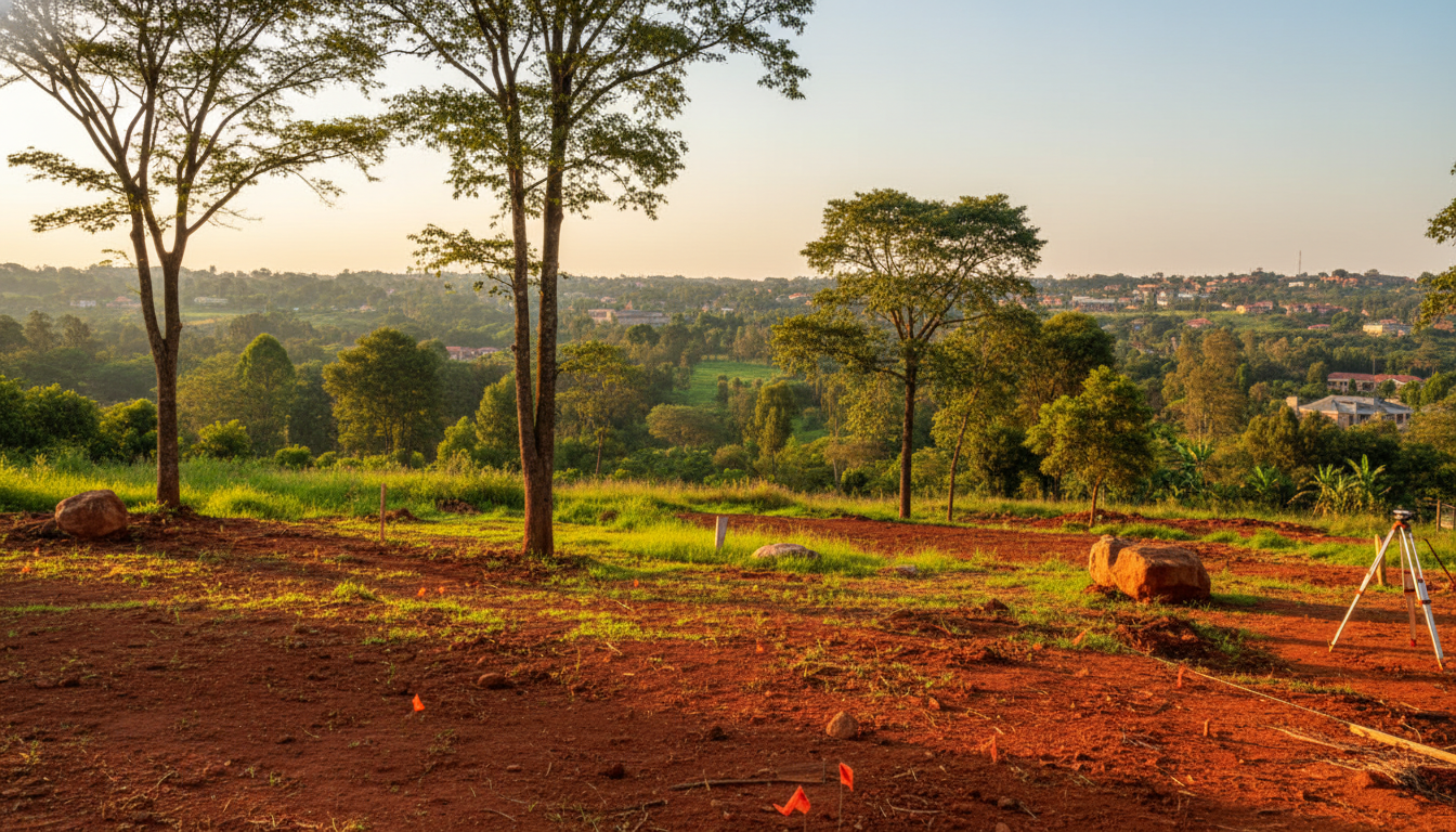 Runda Villa site context — the sloped red volcanic soil plot in Runda, Nairobi, looking out over the surrounding landscape and mature trees