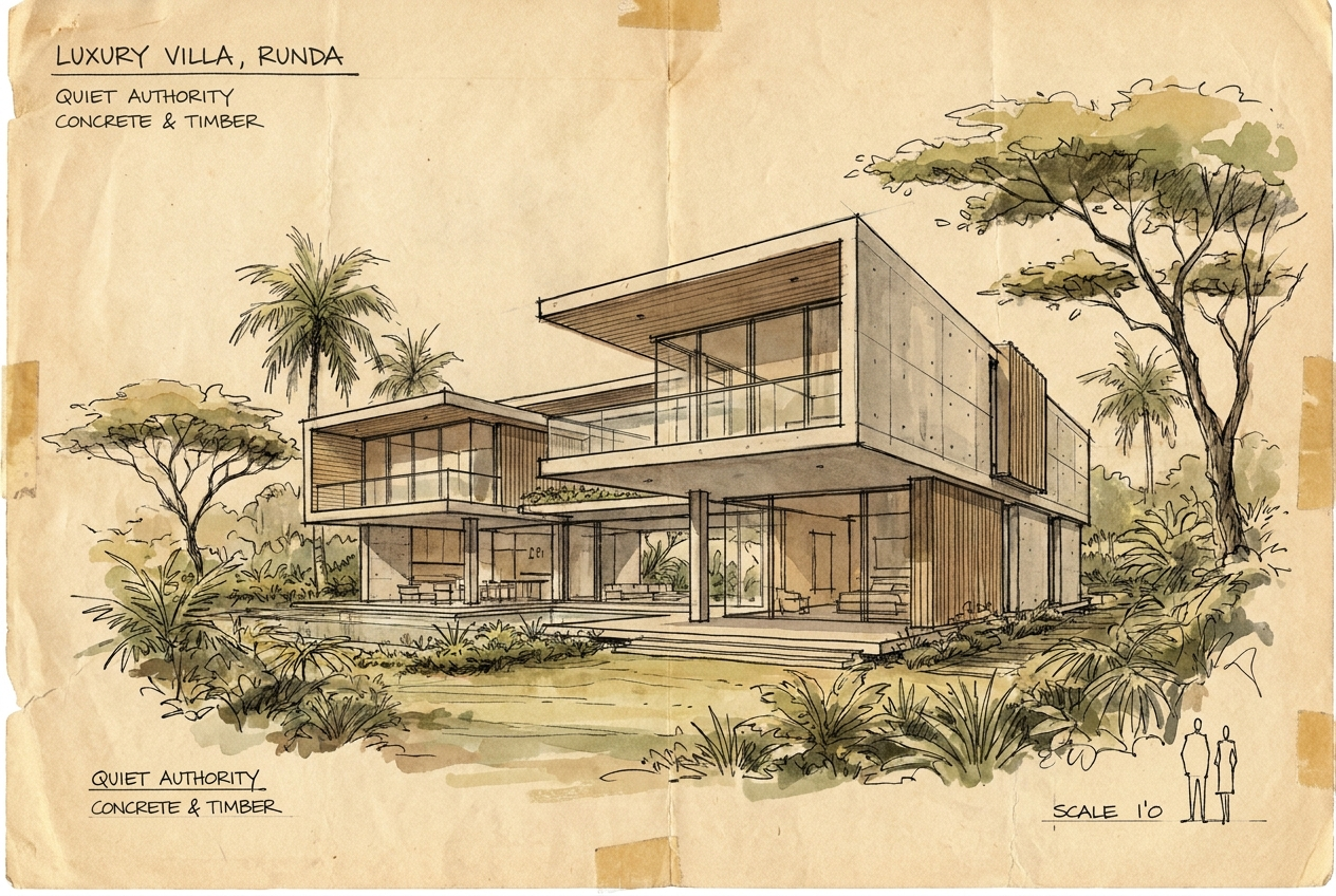 Hand-drawn concept sketch of the Runda Villa — luxury villa in Runda, Nairobi, showing two concrete and timber pavilions stepping down a sloped site