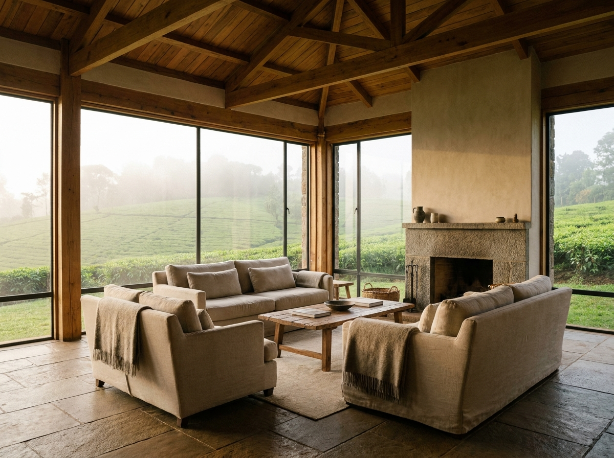 Tigoni Bungalow living room — floor-to-ceiling glass looking out to misty tea fields in Limuru