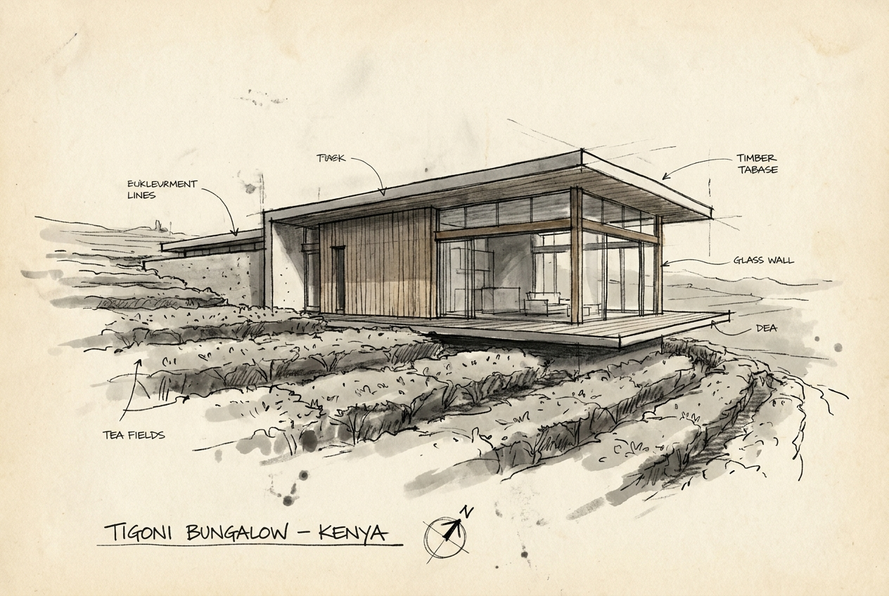 Architectural hand-drawn concept sketch of the Tigoni Bungalow — showing the floating terrace structure above the sloping tea fields, with glass wall to the east and stone thermal mass walls to the north and west