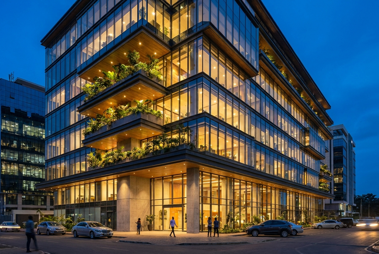 Westlands Commercial Hub — a glass-fronted office building with integrated biophilic greenery in Westlands, Nairobi