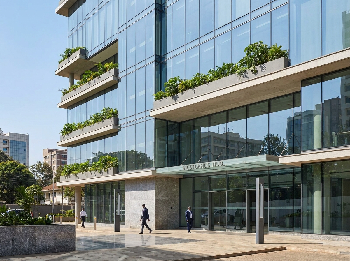 Westlands Commercial Hub street facade — biophilic glass-fronted office building in Westlands, Nairobi, with continuous planting troughs on each floor level