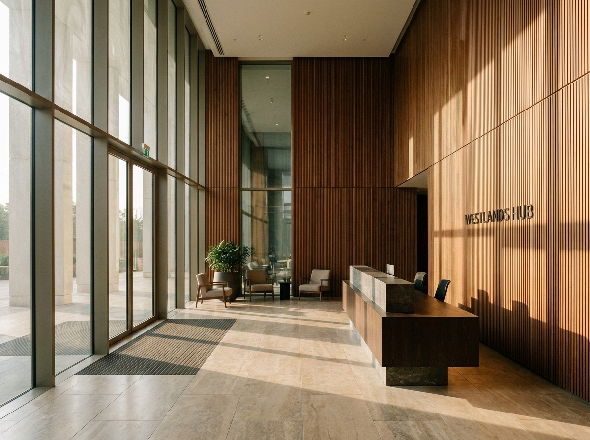 Westlands Hub lobby interior — double-height reception with floor-to-ceiling windows, stone floors, and warm timber wall panels