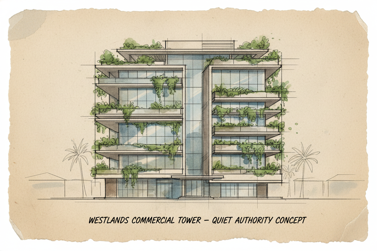 Hand-drawn concept sketch of the Westlands Commercial Hub — elevation drawing showing the glass facade with integrated planting troughs on each floor